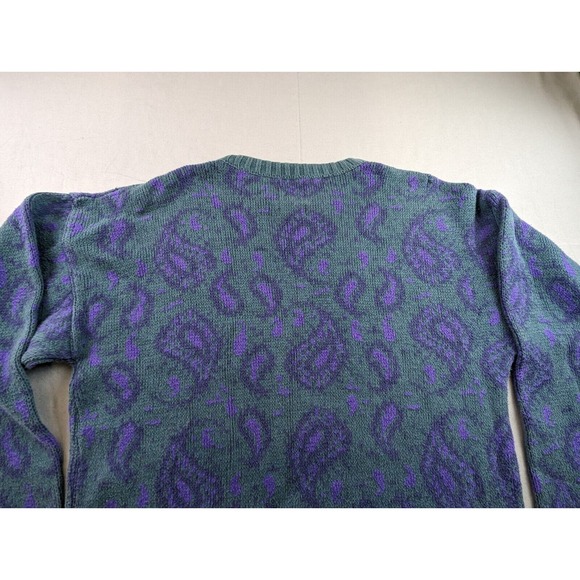 Vintage 90s Men's Large Sweater Paisley Print Retro Geek Chic Teal Purple - Picture 15 of 16